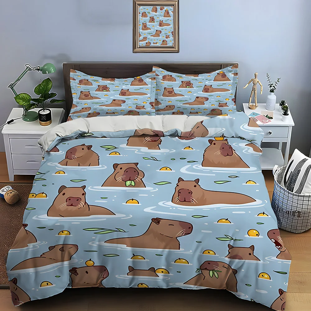 Capybaras relaxing in water Bedding Set for Kids Luxury Gift 3pcs Digital Print Comforter Set Soft Comfortable Breathable