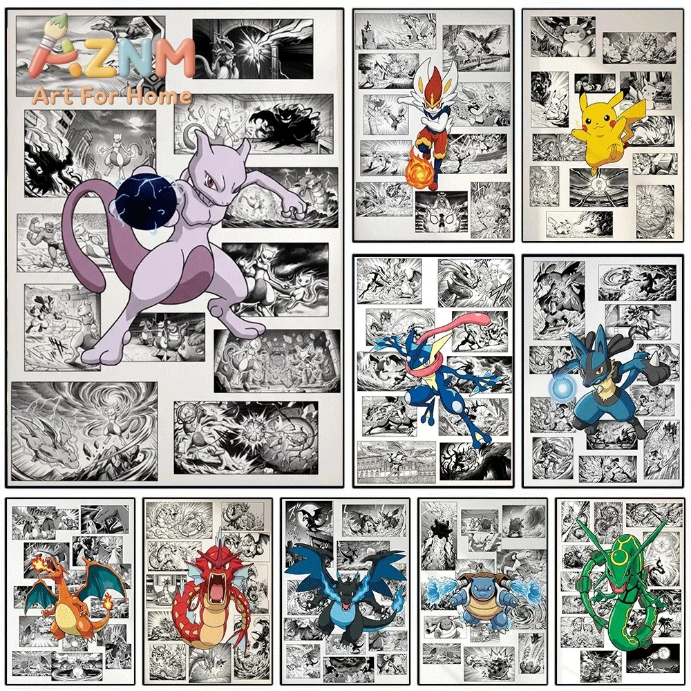 2D Flat Posters & Prints,Mewtwo Manga Panel Style Canvas Wall Art,2D Flat Frameless Anime Monster Print,Home Decor for Kids Be