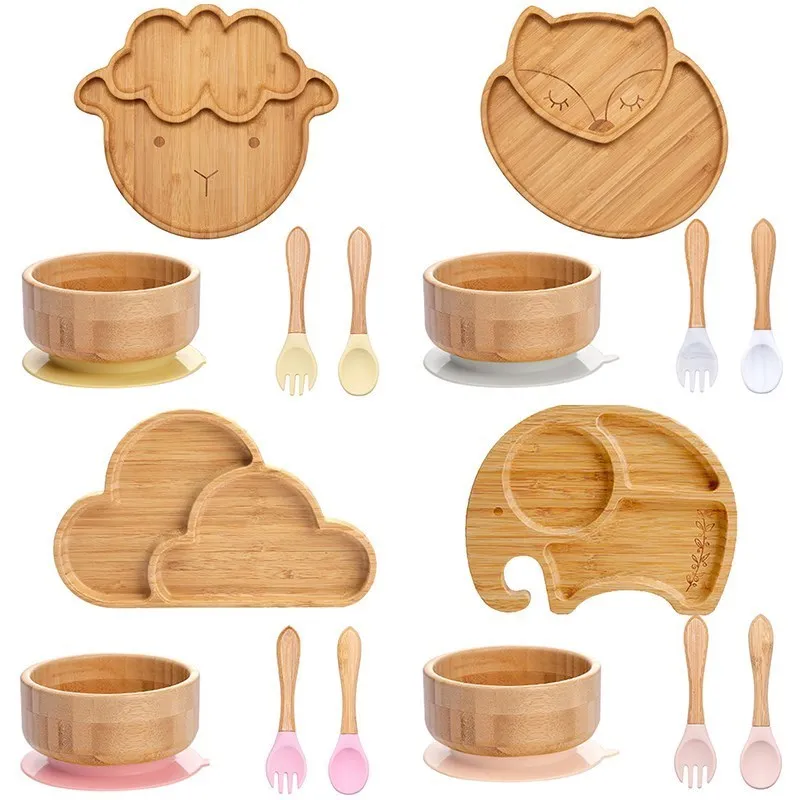 4pcs Children's Tableware Suction Plate Bowl Baby Dishes Baby Feeding Dishes Spoon Fork Sets Bamboo Plate for Kids Tableware