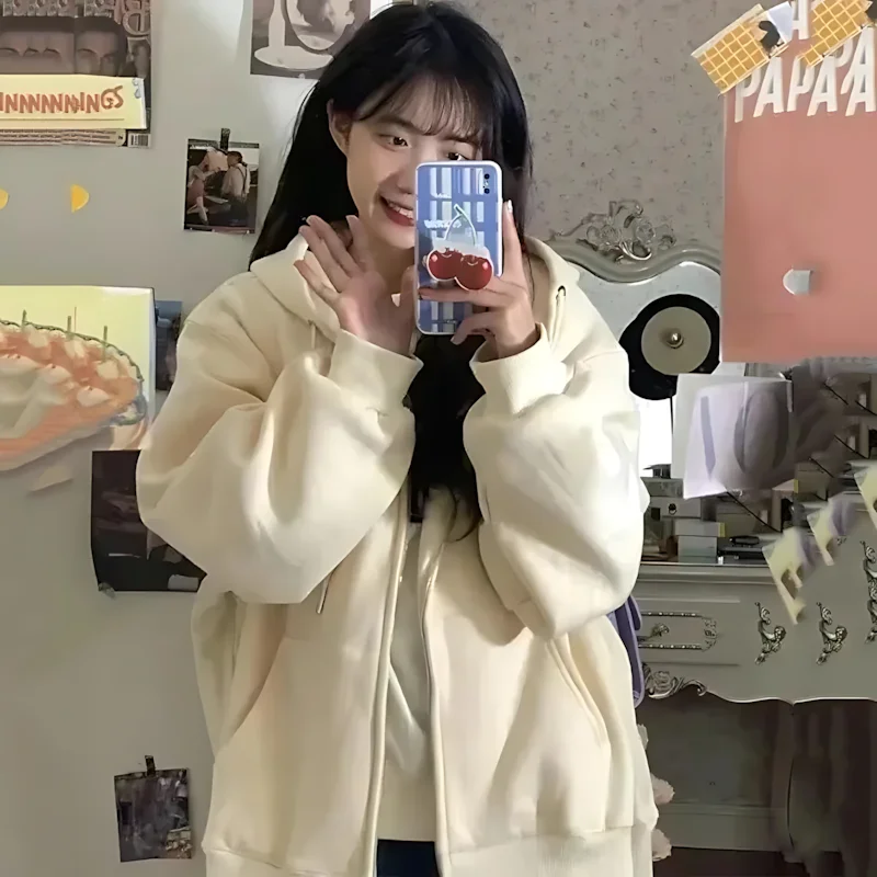 Sanrio Kawaii Hello Kitty Printing Zipper Hooded Sweatshirt Anime Cartoon Students Plus Velvet Ins Loose Versatile Niche Jackets