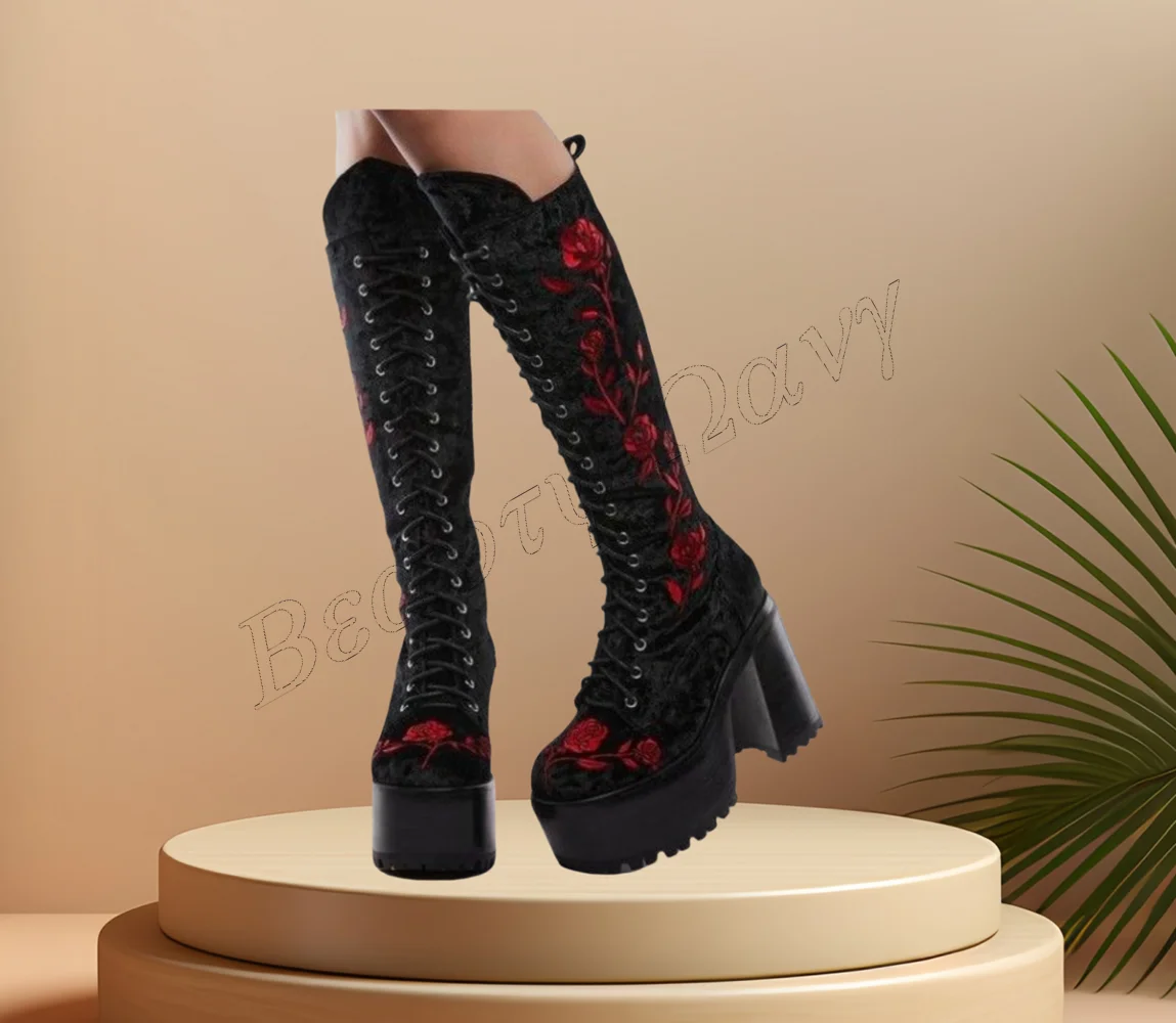 Black Flower Decor Punk Boots Lace up Thick Heel Round Toe High Heel Shoes for Women Leather High Heels 2023 Zapatos Para Mujere