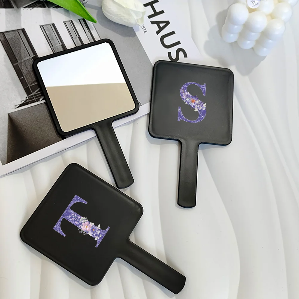 Fashion Universal Square Handheld Makeup Mirror With Handle Portable Vanity Mirror Initial Name Purple Flower 26 Letters Pattern