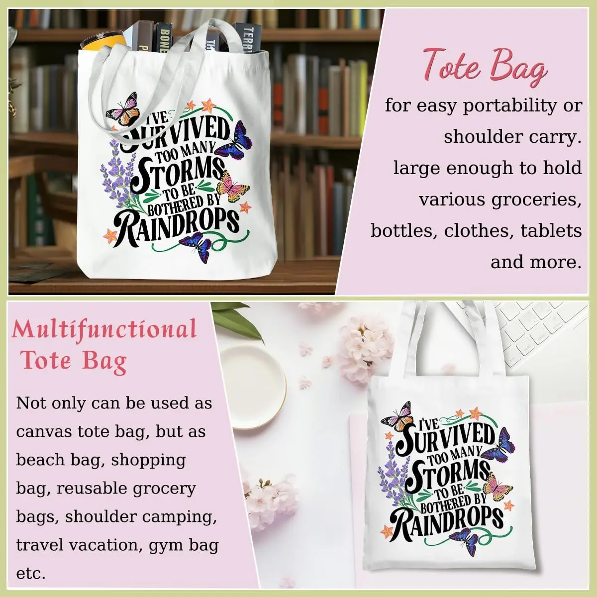 Lavender Butterfly Tote Bag, Motivational Quote Print Canvas Shopping Bag, Resilience Gift Shoulder Bag