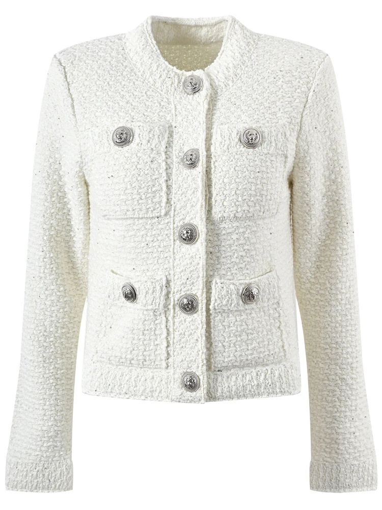 

Ele ort Woolen Jaet Women's High-End Version Parisian Feel Flaing Bead White Glittering Fem Outerwear Top