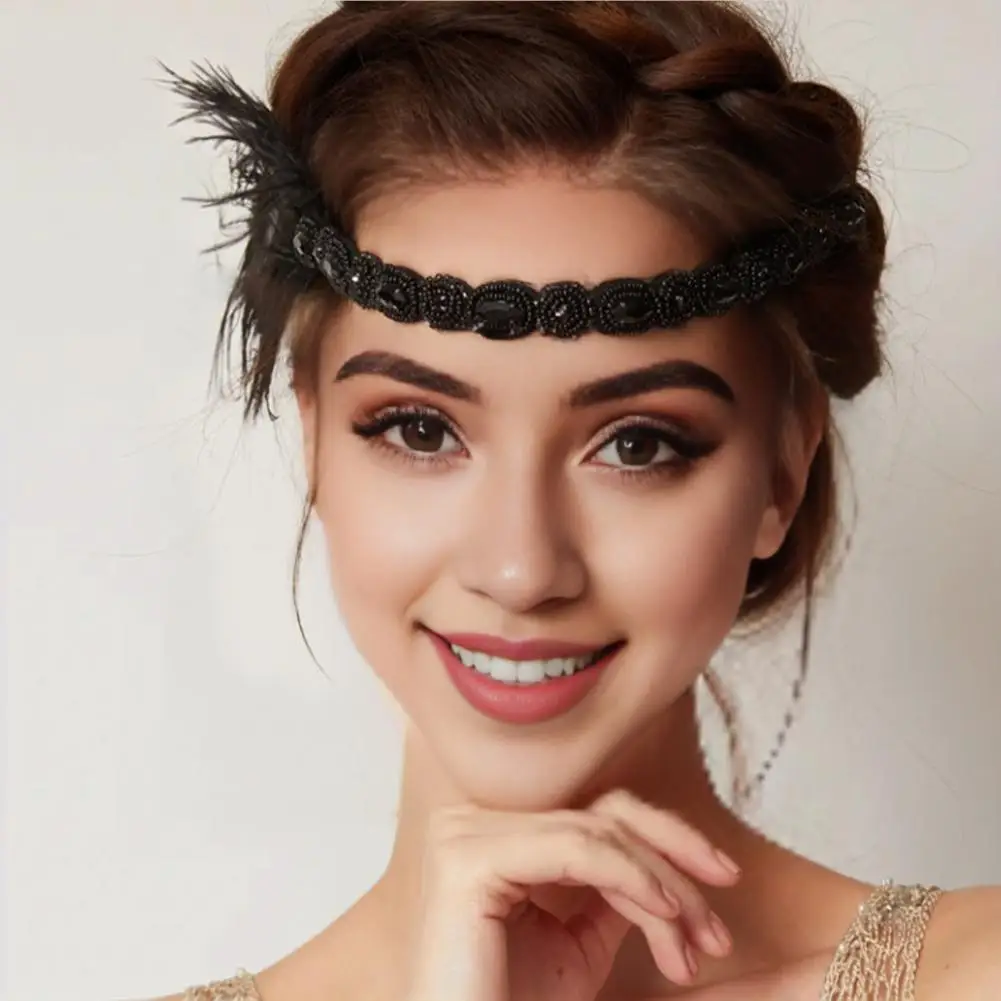 Secure Headband Vintage Gatsby Party Black Rhinestone Headband for Women 1920s Flapper Prom Hair Band with Feather Headpiece