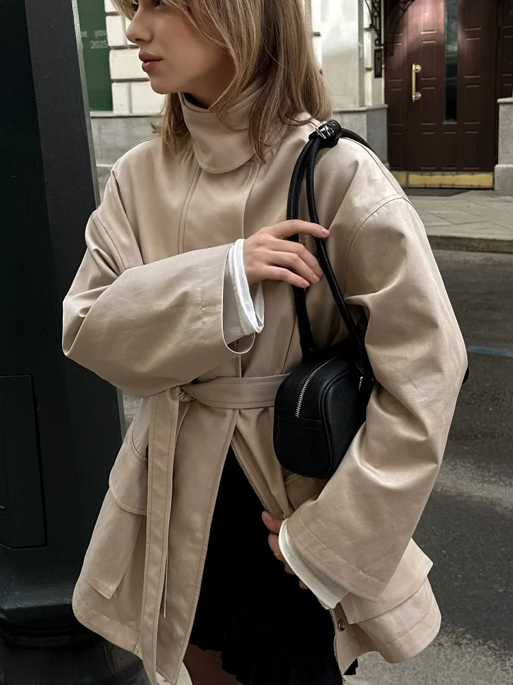 

Casual Khaki Lace Up Windbreaker Jacket Chic Collar Solid Color Zipper Pocket Loose Jackets New Daily Commuting Office Outerwear