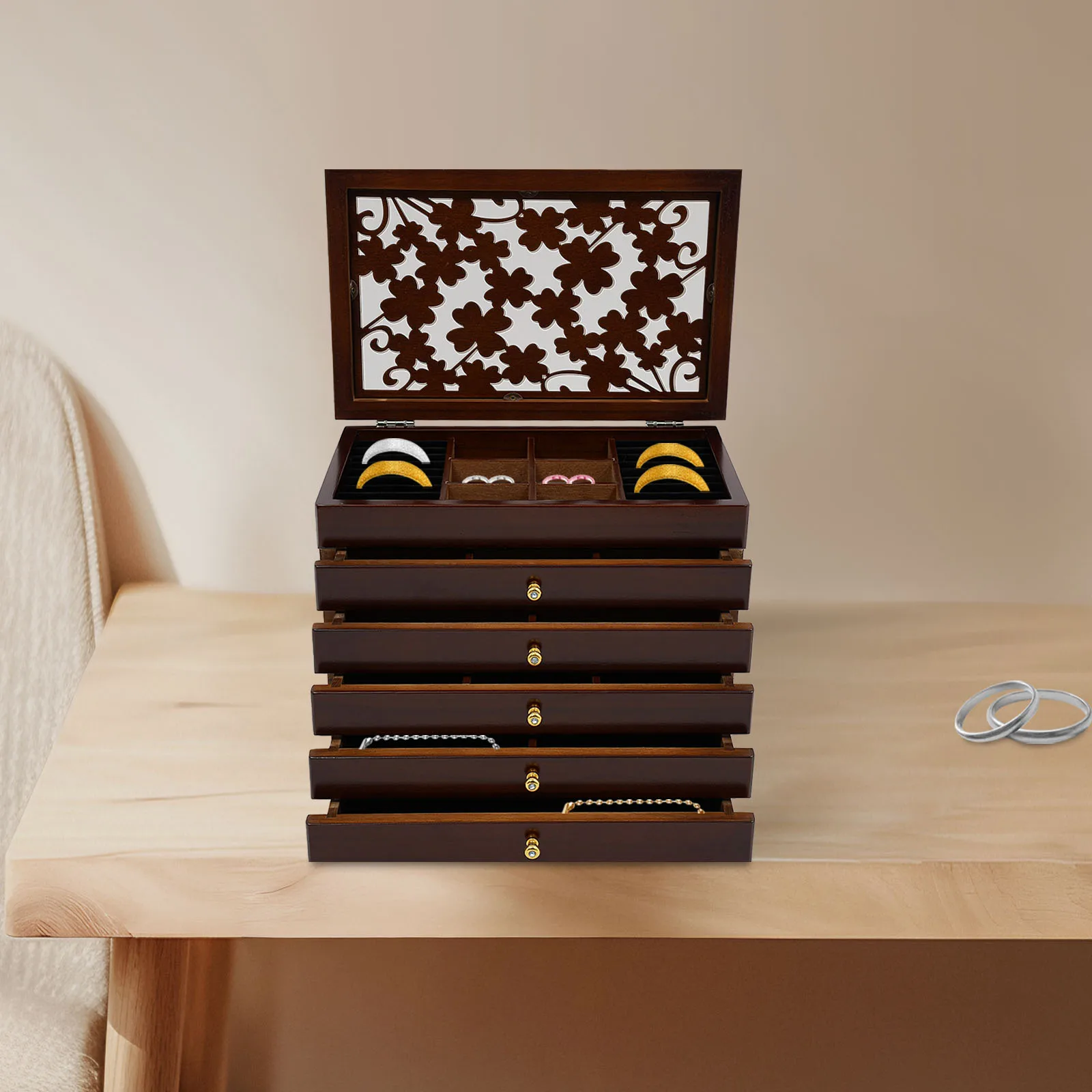 

6-Tier Vintage Floral Carved Wooden Jewelry Box, Large Capacity Storage Case, Perfect Present for Female Family & Friends