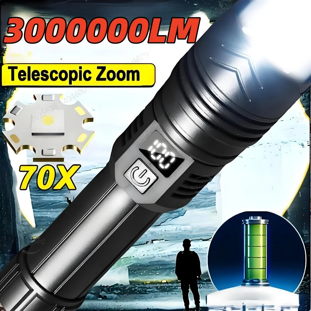 Linterna portátil ultrabrillante de 30000000 lúmenes, resistente al agua, multifuncional, iluminación de enfoque remoto, 3 modos