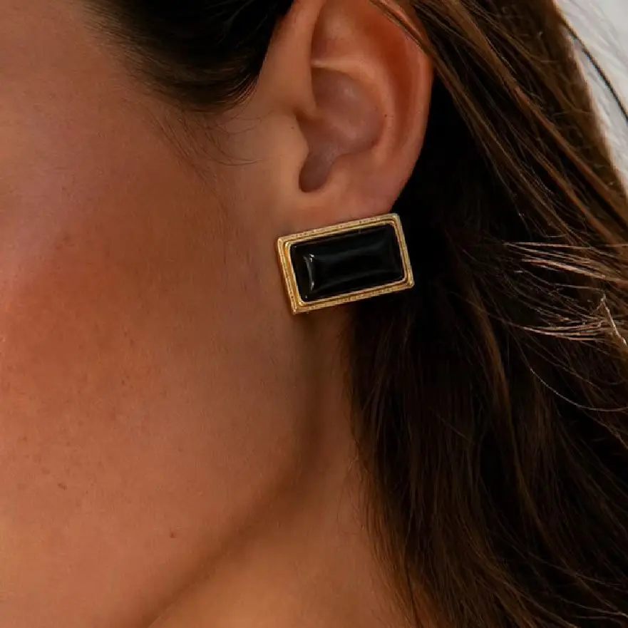 SHIXIN Classic 18K Gold Plated Black Acrylic Stud Earrings Women Vintage Hypoallergenic Waterproof Stainless Steel Daily Jewelry