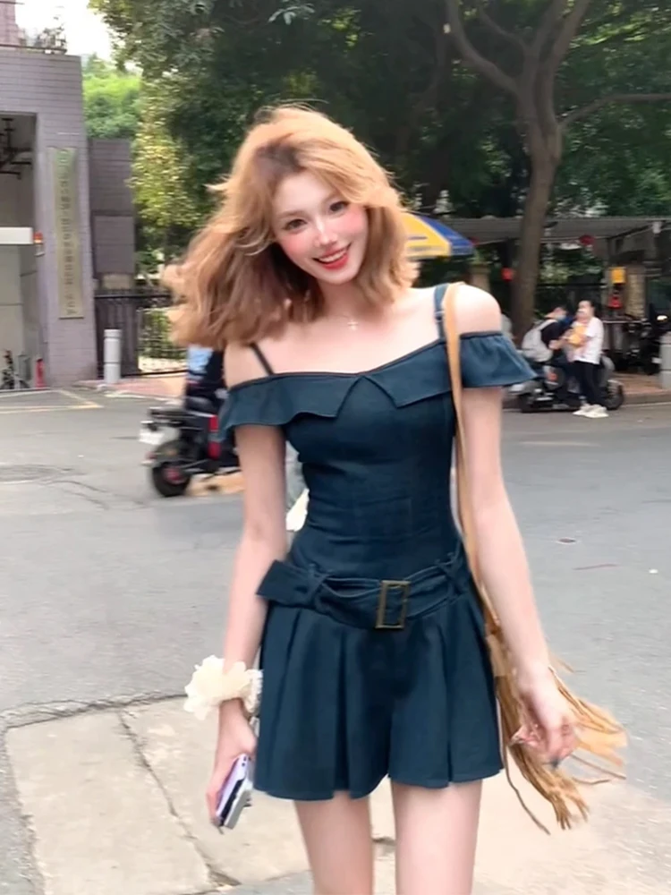 

Сексуальная джинсовая плиссированная юбка в стиле ретро для женщин, с высокой талией, А-силуэт, короткая, на одно плечо, однотонная, летняя