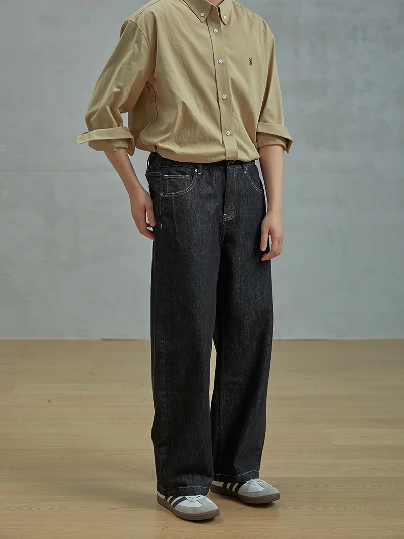 

HIER Neutral Sle Slim Fit Straight Leg Jeans Original Color Folded Hem Contrast Line Design Cotton l Waist Button C...