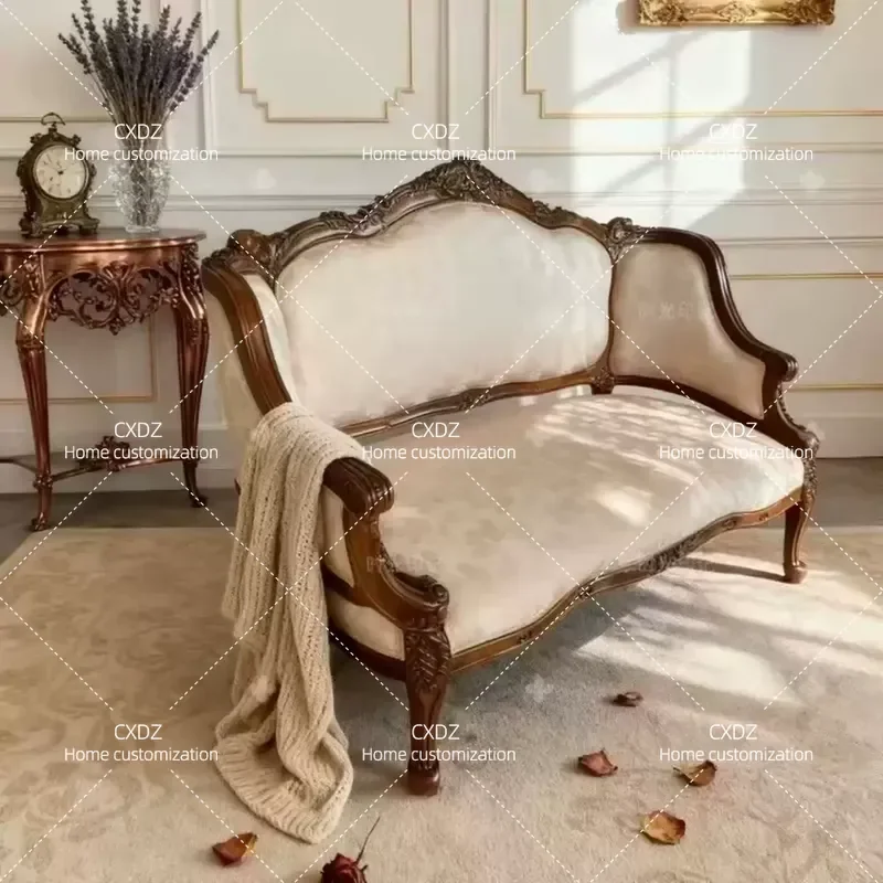 Retro Solid Wood Sofa Living Room Hand Carved Double Chair Complete Set Photo Studio Photography Props