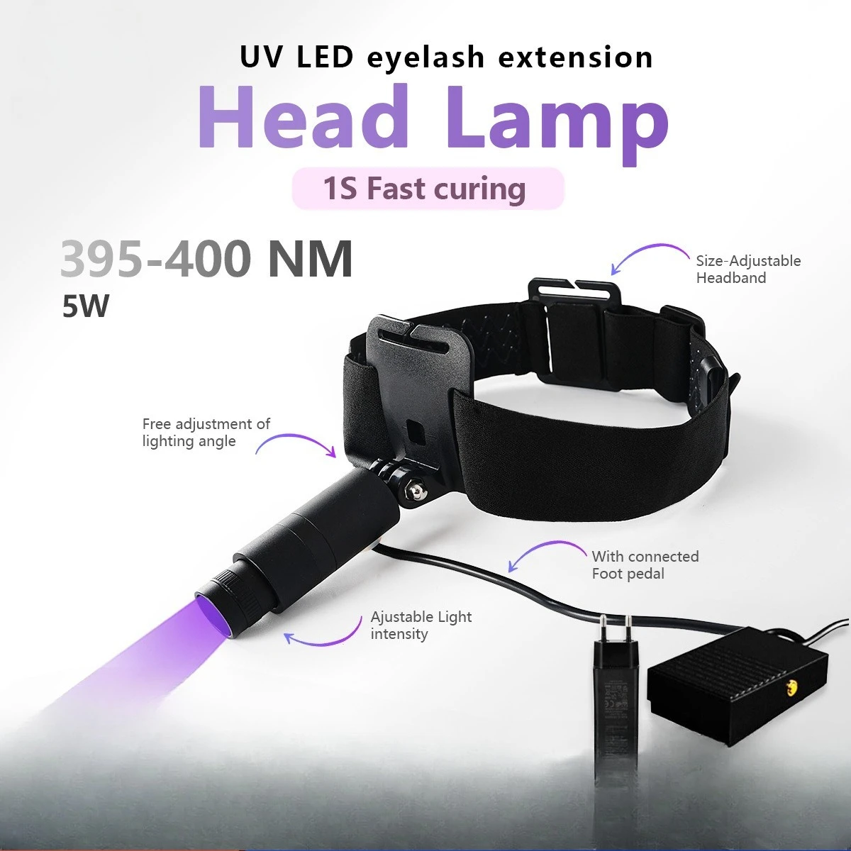 Head-mounted UV LED Curing Light Foot Switch Eyelash Beautician Dedicated 1 Second Quick-drying Purple Headlight, Tool