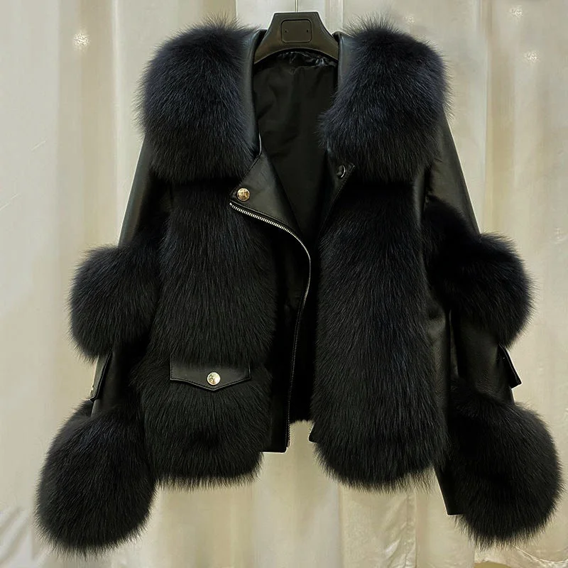 2025 Fox Fur Coat Women's Faux Fur Short Jacket Autumn Winter Thicken Warm Outerwear Leather Spliced Tops Streetwear Lady Coats