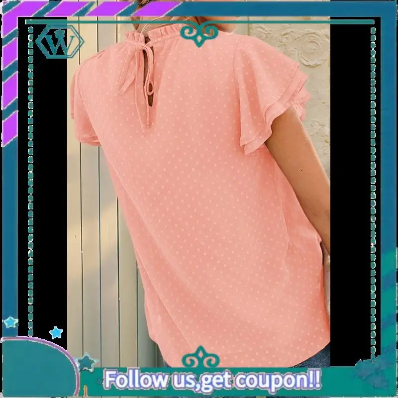 

A09P Women Crewneck Lace Crochet Pom Flowy Short Sleeve Casual Shirts Blouses Tops