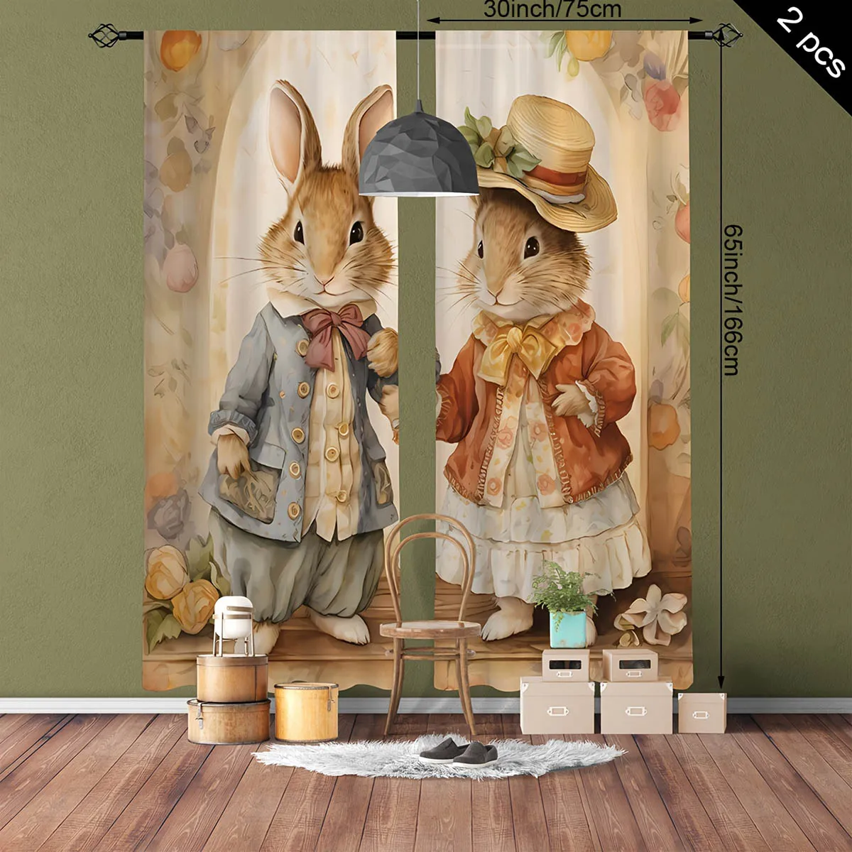 

2pcs American Country Style Bunny Easter Print Curtains Bedroom Living Room Dining Room Holiday Decorative Curtains