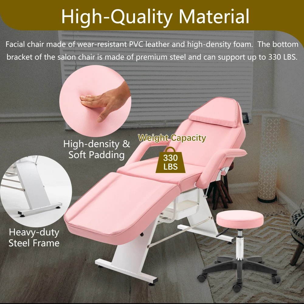 

Massage SalonTattoo Chair,Bed with Hydraulic Stool,3-Section Facial Bed Table,Adjustable Beauty Barber Spa Beauty Equipment,Pink