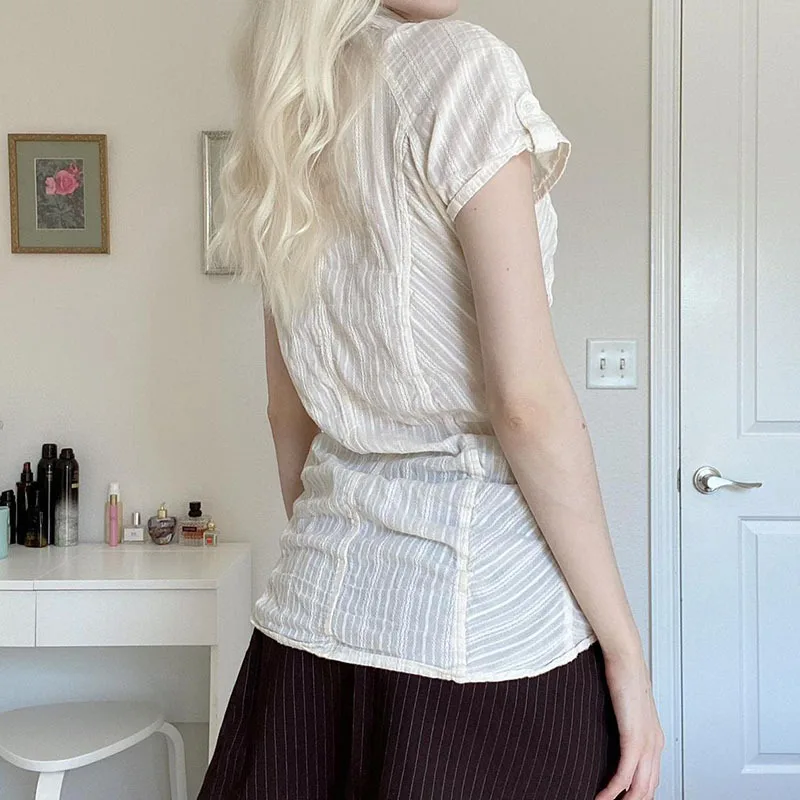 مزاجه الفرنسية نمط بولو التلبيب التجاعيد تصميم سليم ونحيف فتاة ساخنة قصيرة الأكمام الملمس قميص أبيض المرأة #3