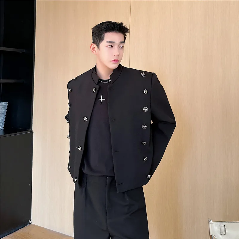 

Spring 2024 Men's Fashion Metal Buttoned Shoulder Padded Stand Collar Jacket Suit Casual Style Polyester Fabric Long Sleeve