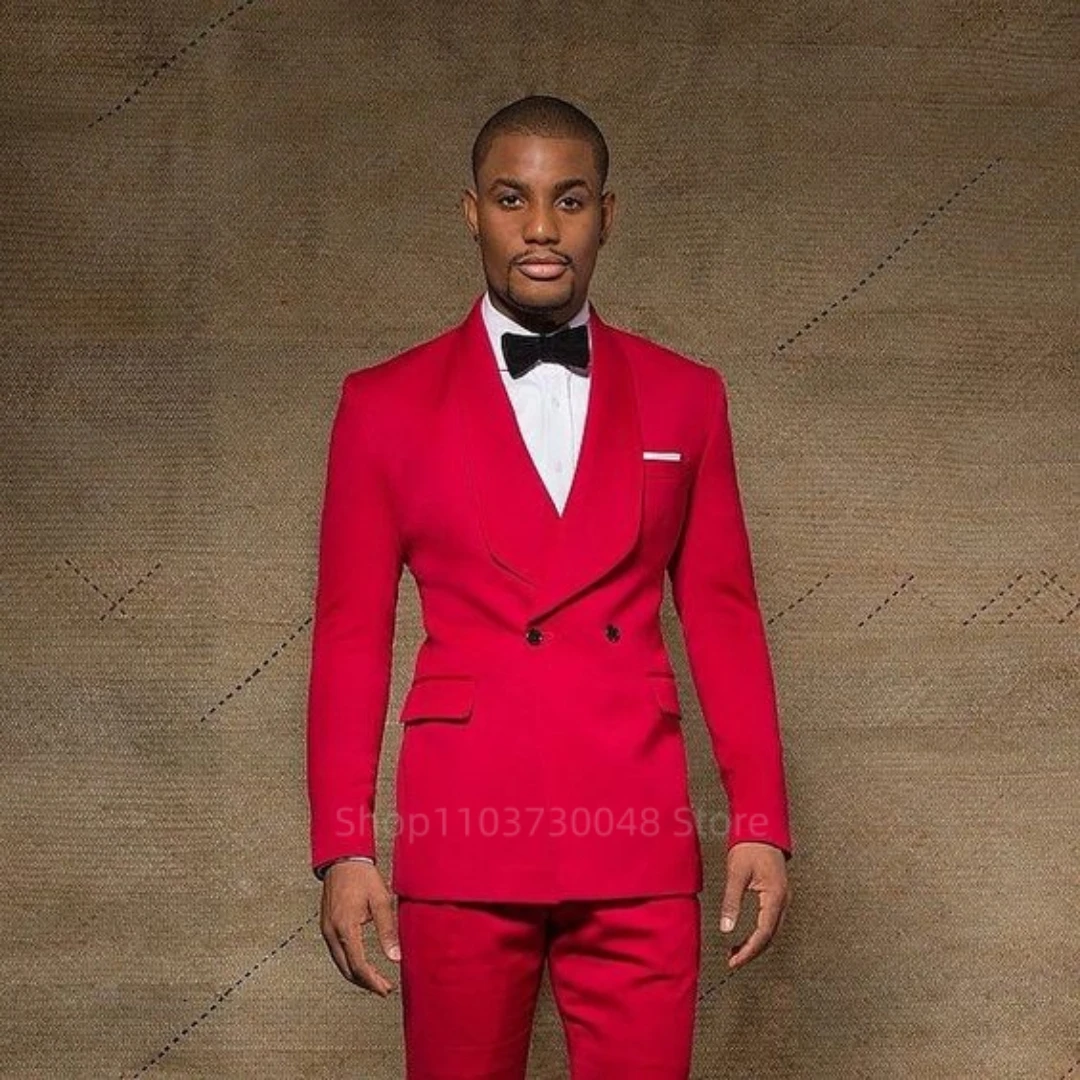 

2 Piece Red Wedding Men Suits Slim Fit Shawl Lapel Double Breasted Blazer Pants Formal Business Groom Tuxedos Casual Men Clothes