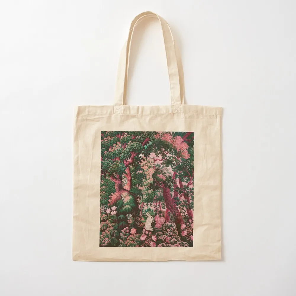 WHITE RABBIT AMONG GREENERY,TREES ,ROSES IN WOODLAND LANDSCAPE Pink Green Floral Tote Bag tote bag screen Women's tote bag