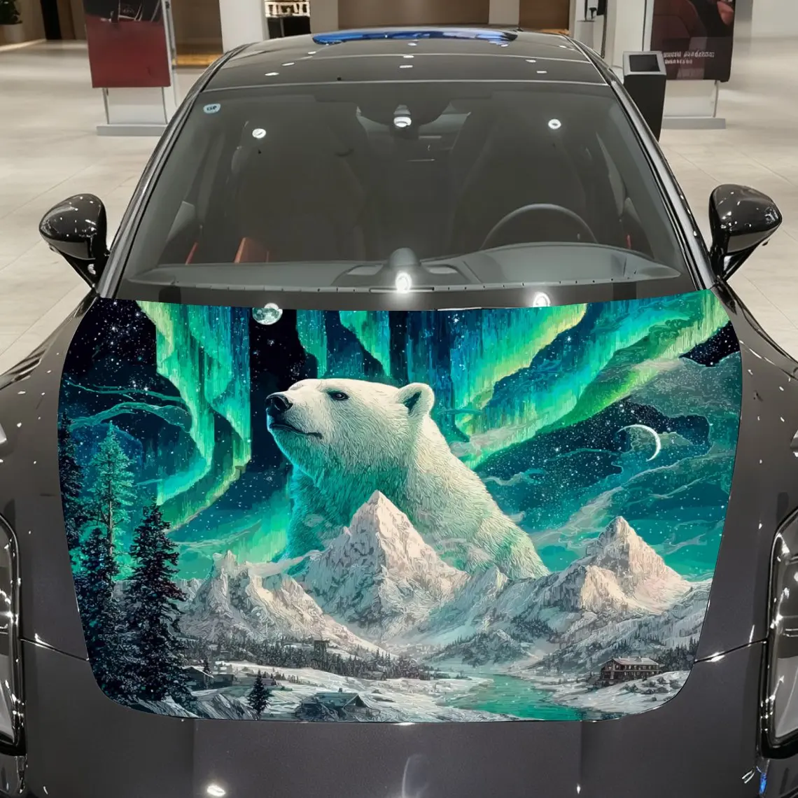 

Aurora Polar Bear Car Hood Vinyl Wraps Sticker, PVC Waterproof Car Bonnet Decals, Self-Adhesive Scratch-Resistant Stickers For E