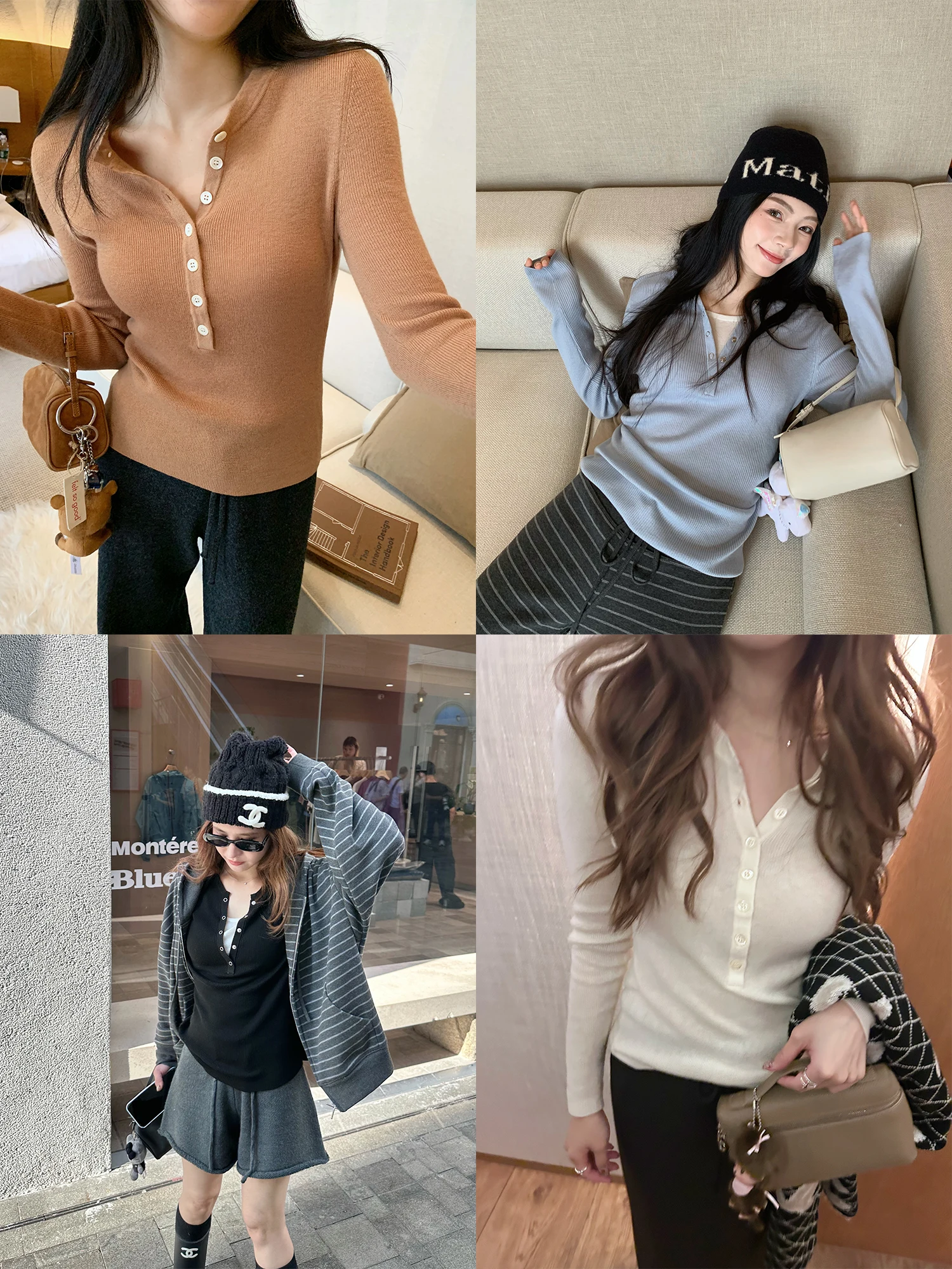 

Premium Spun Wool Henry Collar Fake Two-Piece Knitted Sweater Women's Long Sve Base Layer Top Casual Sle V-Ne Design