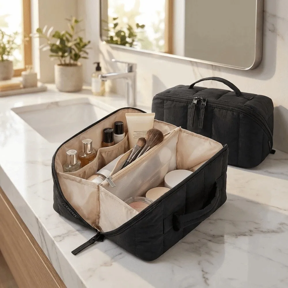New Water-resistant Puffy Padded Makeup Bag Open Flat Large Capacity Toiletry Bag Portable Handheld Cosmetic Case Home