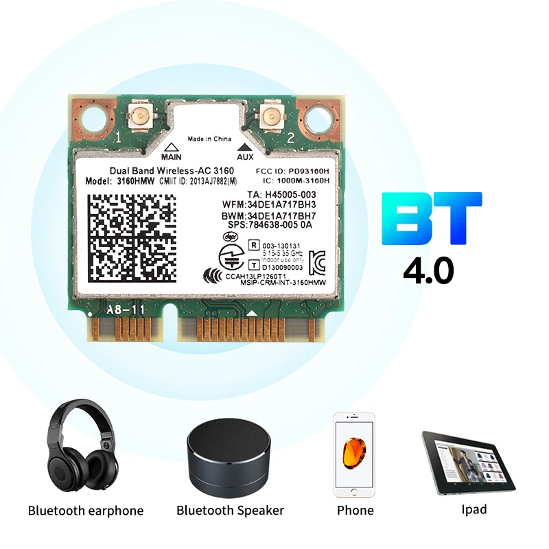 AC3160 デュアルバンド 2.4 グラム/5 ghz AC3160HMW ハーフミニ PCI-Express ワイヤレスラップトップカード 802.11ac Wlan + BT4.0 ワイヤレス Wlan Wifi カード