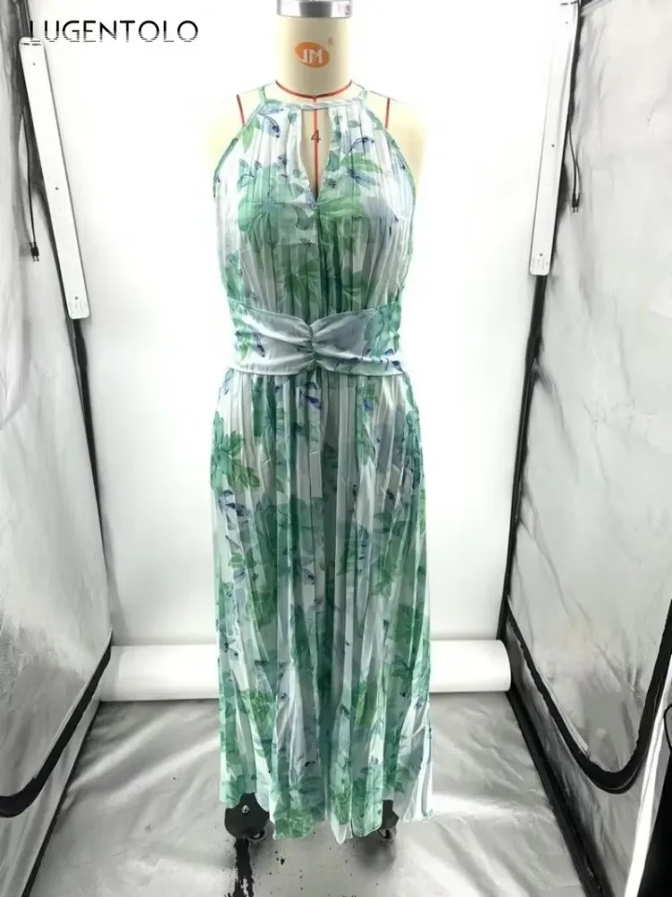 Women Sexy Halter Dress Summer Sleeveless V-neck Big Swing Draped Lady Elegant Slim Empire Chiffon Thin Green Clothing