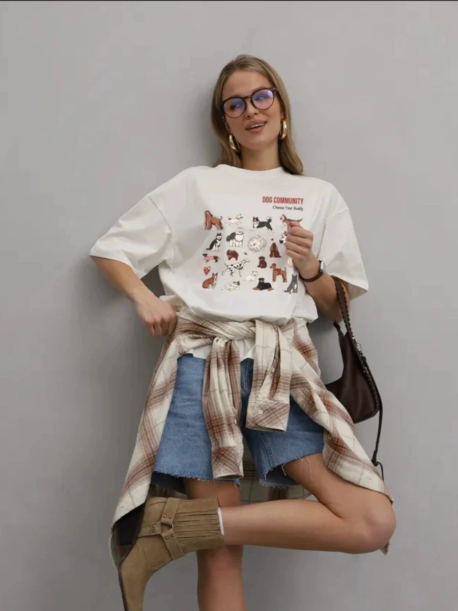 패셔너블한 면 티셔츠 라운드 넥 프린트 레터 캐주얼 루즈 여성용 탑 땀 흡수 여름 출퇴근용