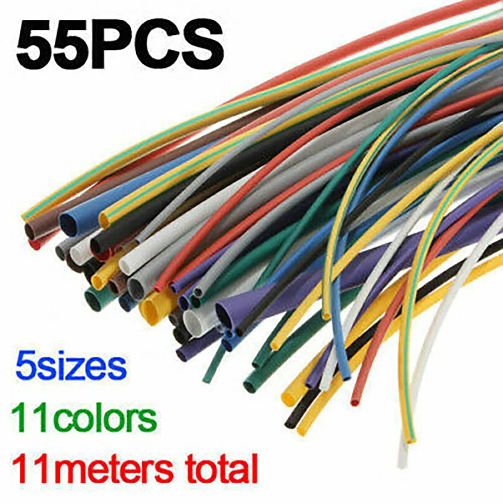 55pcs Heat Shrink Tubing Assortment with Polyolefin Material 2:1 Shrink Ratio for Electrical Wire Sleeving Applications