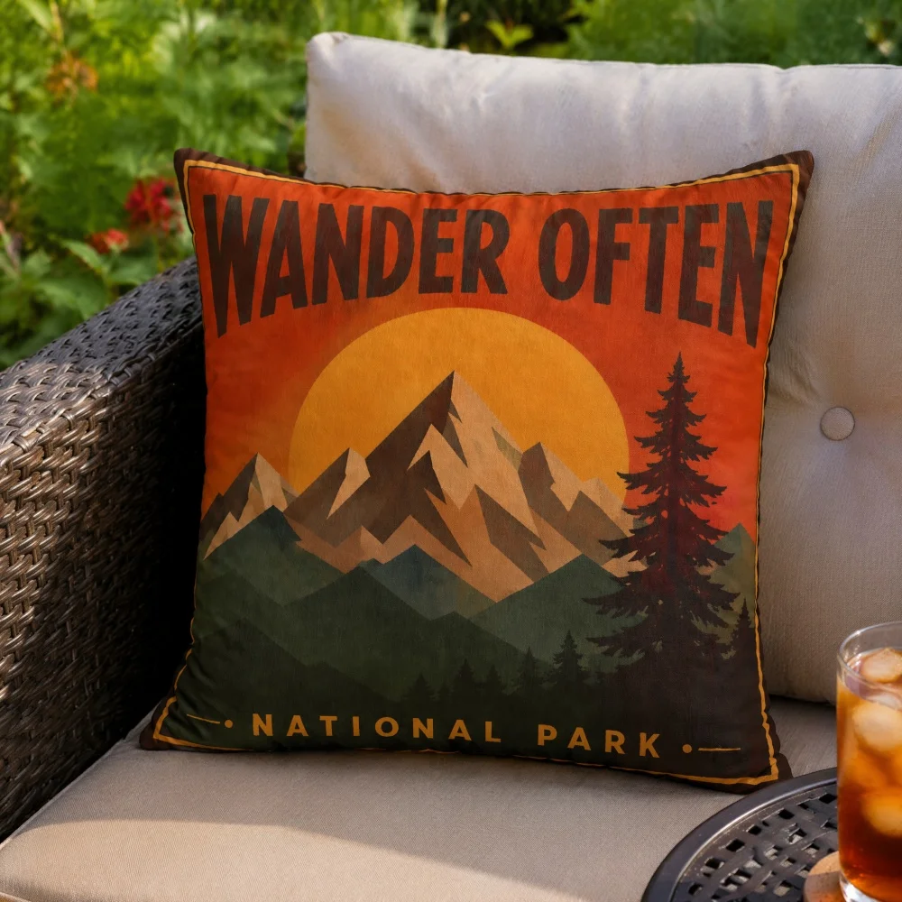 Vintage Tree Sunset Print Stuffed Throw Pillow Soft Complete Square Cushion Outdoor Cabin Camping Home Decor Pillow