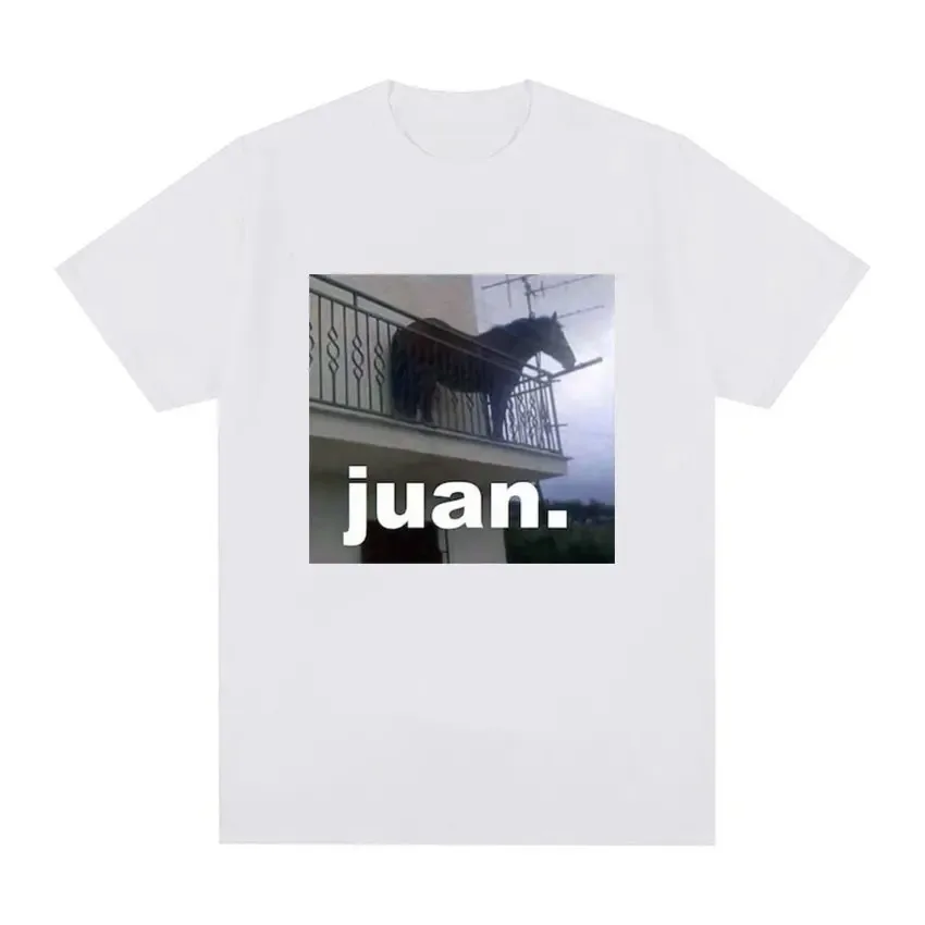 Juan Meme Horse on Balcony Graphic T Shirt Men Women Fashion Oversized Funny T Shirts Male Casual O-Neck T-shirt Tops Streetwear