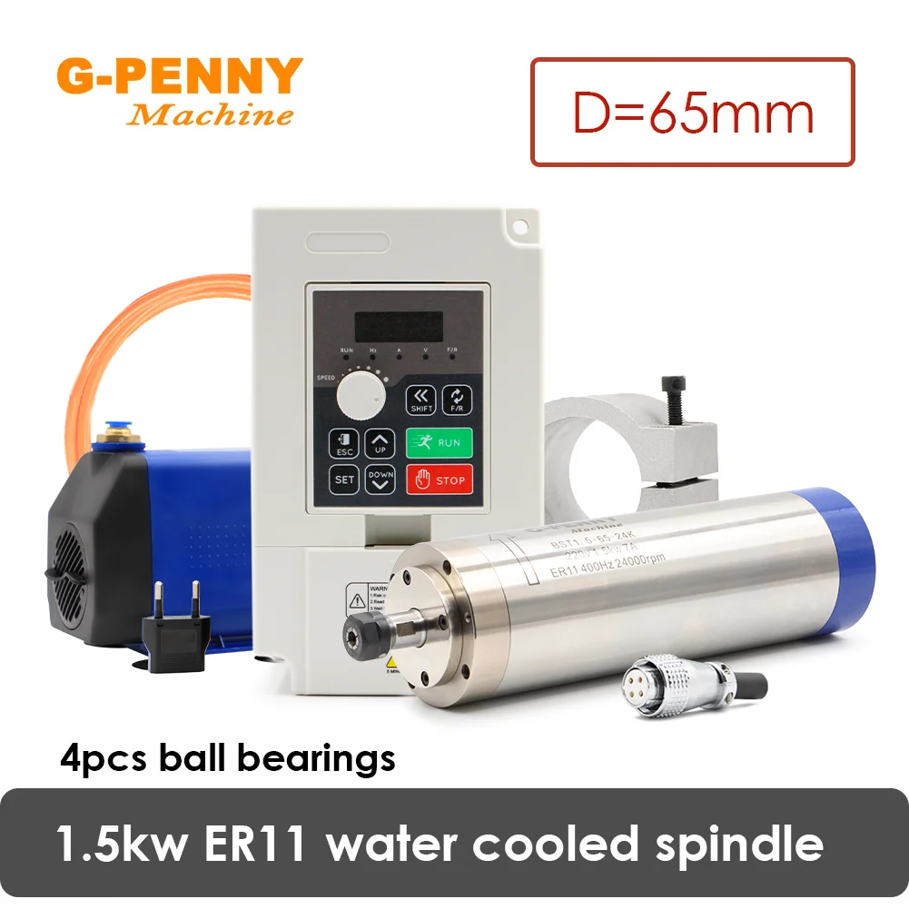 G-PENNY 1.5KW ER11 Water Cooled Spindle Motor Kit 65mm 110V 220V VFD Inverter Clamp Water Pump Full Set For CNC Router Engraver