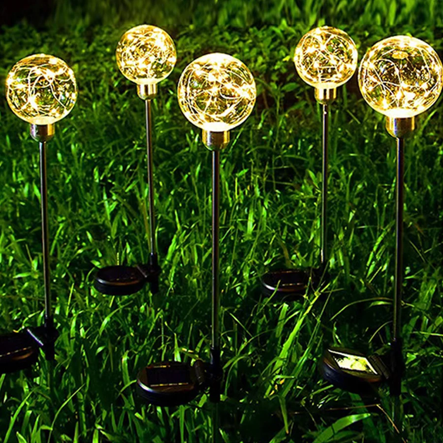 أضواء فناء تعمل بالطاقة الشمسية، أضواء كروية من الأسلاك النحاسية المقاومة للماء في الهواء الطلق، أضواء حديقة ملونة، كرات أمنية، أضواء أرضية الحديقة