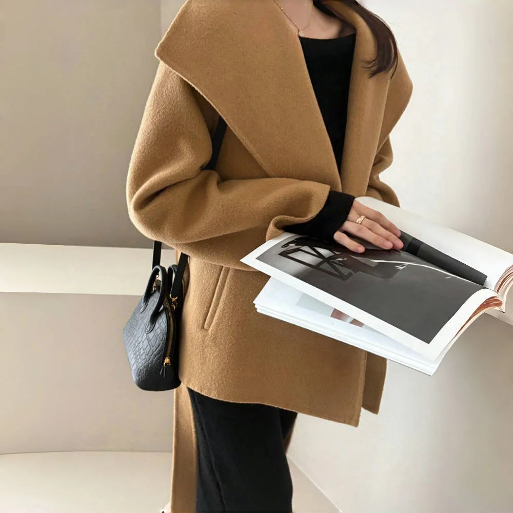 

Модное двустороннее кашемировое пальто с большим отложным воротником и длинными рукавами, шикарное женское зимнее шерстяное пальто на шнуровке, новинка осени 2023 г.