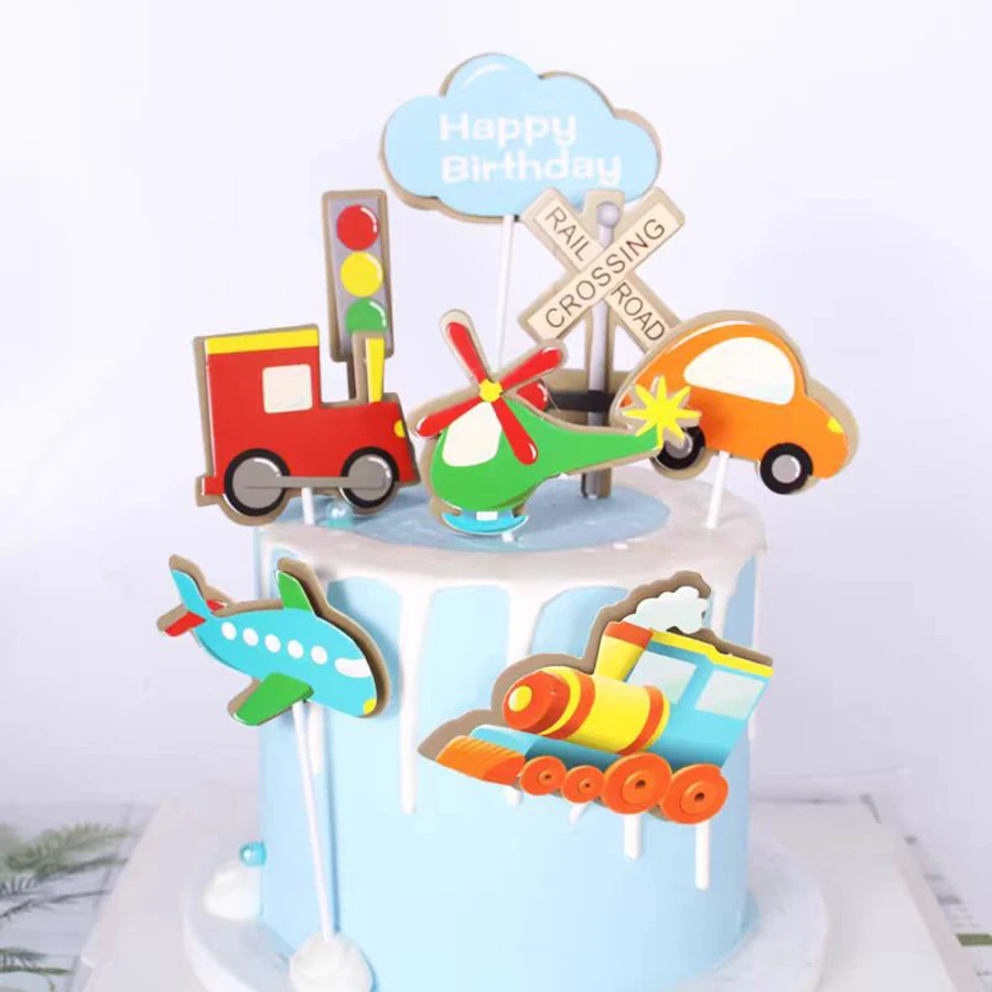 8-teiliges Happy Birthday Auto-Kuchen-Dekorations-Set mit Zug, Flugzeug, Hubschrauber und Straßenlaterne für Kindergeburtstage – Detail 2