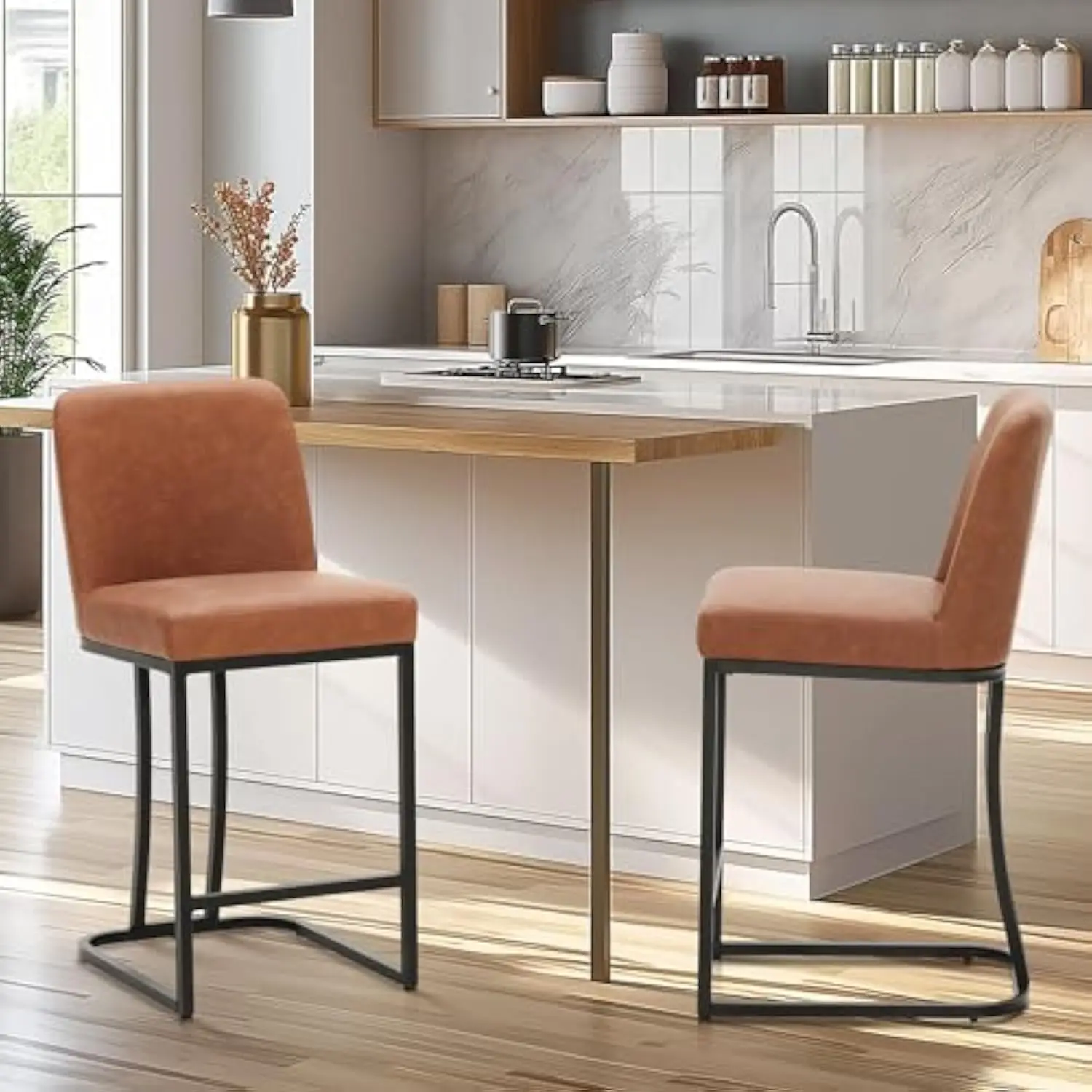 

Brown Counter Height Bar Stools with Back Set of 2 for Kitchen Counter 24 Inch Faux Leather Upholstered Barstools Modern Farmho