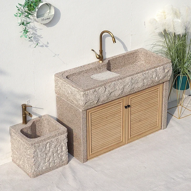 

Marble sink with washboard, outdoor natural stone integrated sink, aluminum alloy cabinet door