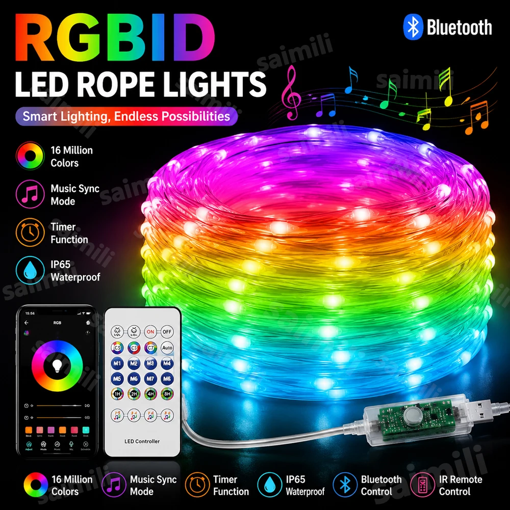 Home Decor Free App - WS2812B RGBIC LEDストリングライト USB 5V ブルートゥース