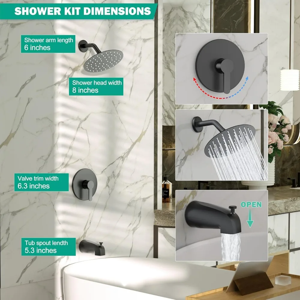 マットブラック 8 インチ レインシャワーヘッドとシングルハンドルバスタブシャワーセット