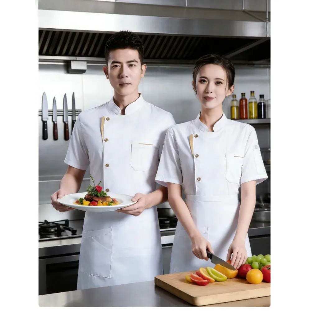 

Дышащая влагоотводящая рубашка для поваров, мужская летняя эластичная рабочая униформа с коротким рукавом для кухни, одежда для приготовления пищи в ресторанах и отелях