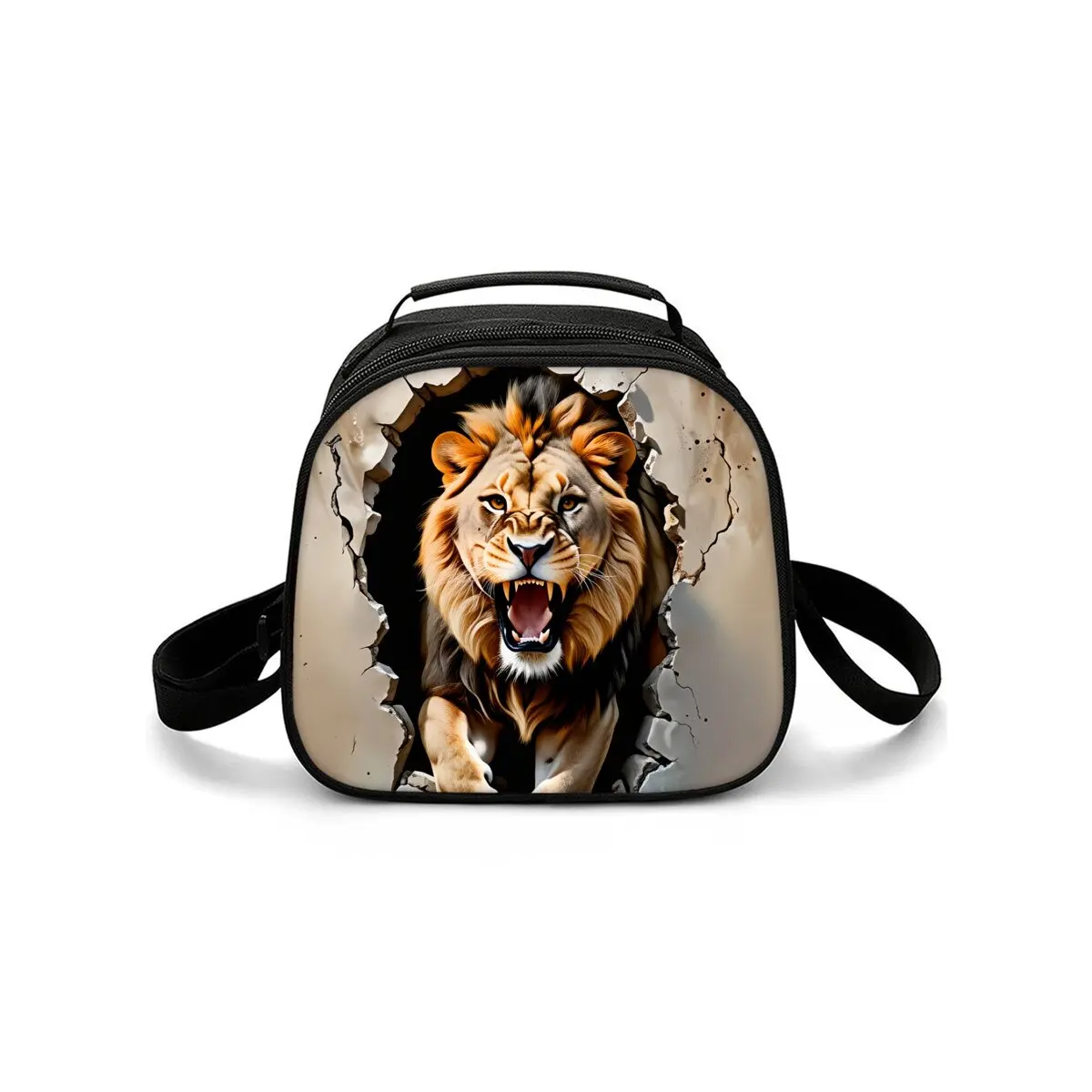 Einseitiger Schultergurt mit Löwen- und Leopardenmuster, runde Lunchtasche/Handtasche mit Reißverschluss, tragbare Reise-Lebensmittelbox, Picknick-Tasche