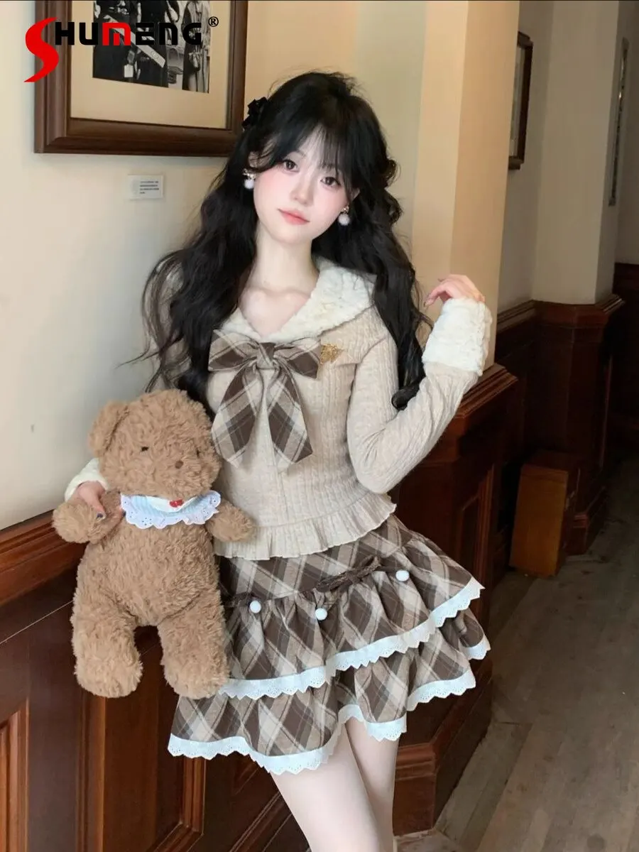 

Японская и корейская мода, милый клетчатый комплект с юбкой для женщин, весенне-осенний облегающий вязаный свитер для девочек, мини-юбка, комплект из 2 предметов