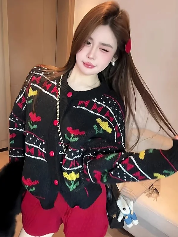 

Вязаный свитер-кардиган Cisas Aosphere Fair Isle для женщин, осенне-зимняя новинка, ретро-стиль, теплый вязаный топ в стиле Lazy Sle