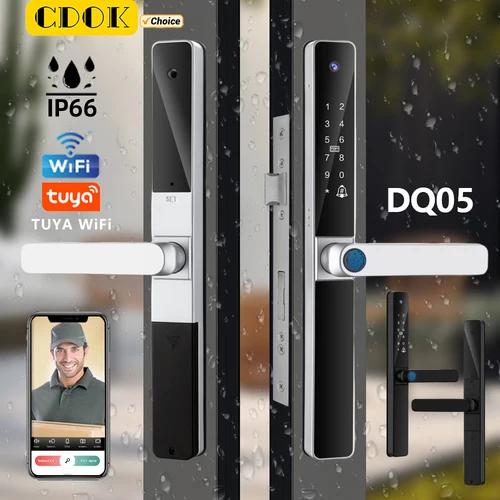 Imagen 1 del producto CDOK DQ05Tuya Cerradura inteligente WiFi, IP66 impermeable al aire libre, ojo de gato visual, desbloqueo remoto WiFi, bloqueo de huellas dactilares, bloqueo de contraseña,