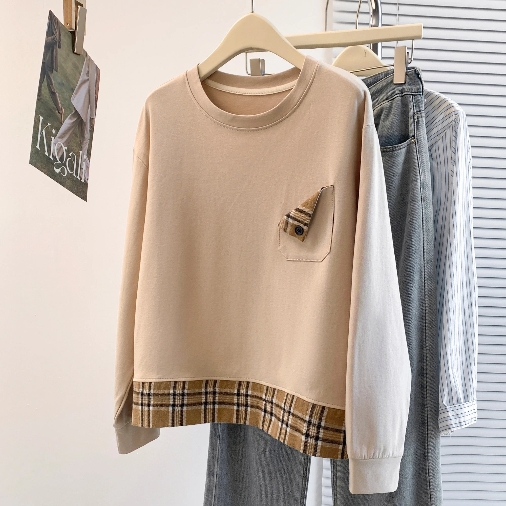 Trendy Plaid Splicing Loose Casual round Ne Women's T-irt Korean Sle Sweatirt Age Reduction Classic Faion Design