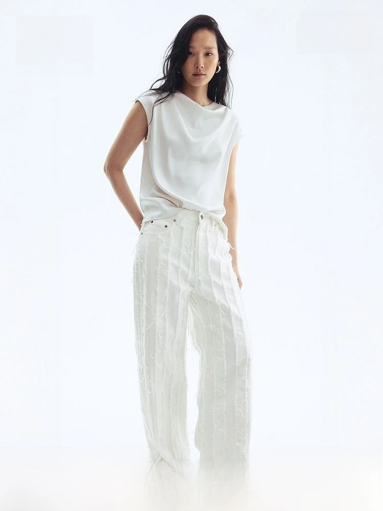 

Spring HM Women's Jeans Frayed Hem 29773 Cotton 00% Ladies Premium Faion Blue Denim Straight Leg Trousers