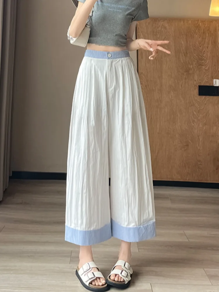 

Белые повседневные брюки с высокой талией и широкими штанинами для женщин, летние новые свободные тонкие брюки прямого кроя в повседневном стиле с полосатым узором